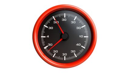 Red automotive gauge speedometer shows speed and transparent background