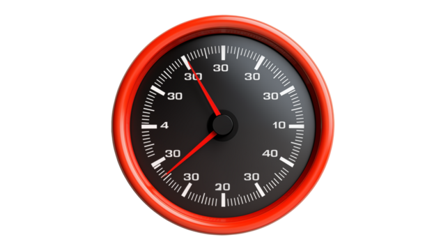 Red automotive gauge speedometer shows speed and transparent background