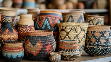 Colorful Handcrafted Baskets Displayed on a Wooden Surface