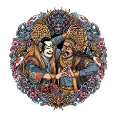 Kabuki and balinese dance fusion: two masked performers in ornate costumes with a barong mask, koi fish, and cherry blossoms in a decorative circular design.