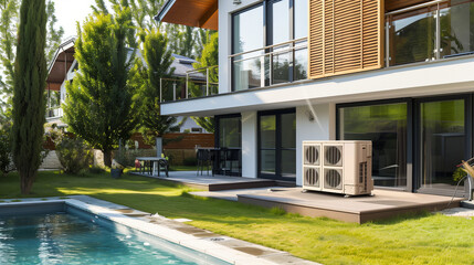 Modern air heat pump by a pool, blending efficiency with sleek outdoor design.