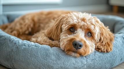 Cute Brown Dog Relaxing in Cozy Bed with Soft Plush Fabric