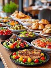 Delicious dishes covering long wooden table at luxurious hotel brunch buffet