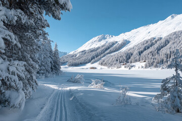 Obraz premium Winter mountain landscape with frozen lake and cross-country ski trail covered in snow