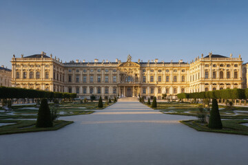 Obraz premium Baroque palace with symmetrical gardens and wide plaza in morning light