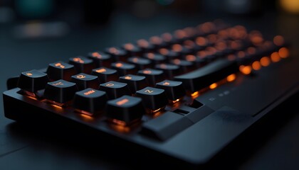 Gaming Keyboard with Backlit Orange Keys in Dark Room for Computer and Technology Enthusiasts