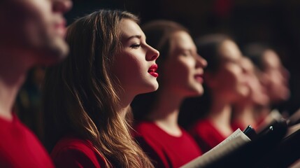 Choir performs united melodies in red attire during a concert at a local venue