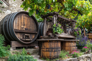 Traditional wooden barrels and grape press at wachau harvest celebration