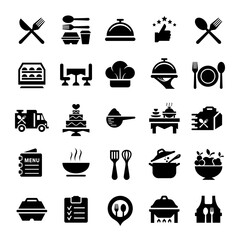 Catering icon set. food and drink icons, restaurants, canteens, cafes .fork, spoon, knife, plate, cloche, tray, chef hat, beverage, food, dining table, and waiter.