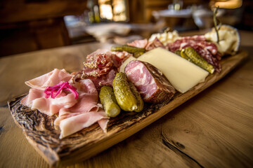 Close-up of traditional austrian brettljause platter with cured meats and cheeses