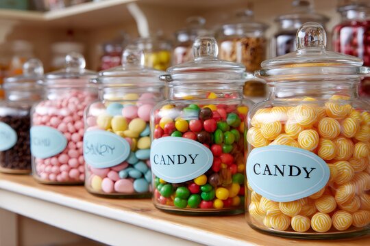 Glass candy jars brimming with colorful sweets on shelf
