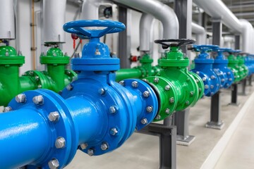 Industrial pipes with valves regulating flow in a modern facility