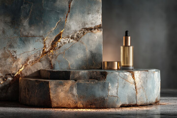 Luxurious marble pedestal with cracked texture and gold accents in dramatic lighting