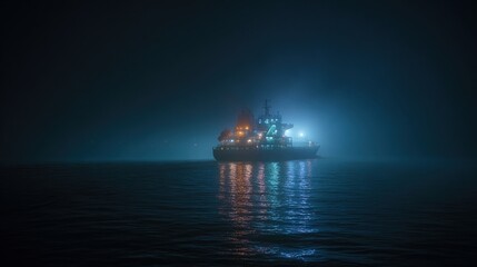 Obraz premium A nighttime view of a ship sailing through calm waters illuminated by onboard lights with the exhaust filtering unit visibly emitting a fine mist symbolizing clean engineering and environmental