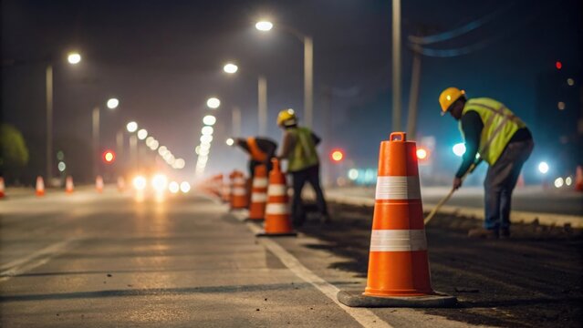 Blurred nighttime roadwork scene with workers placing traffic cones under streetlights ensuring safe construction zone
