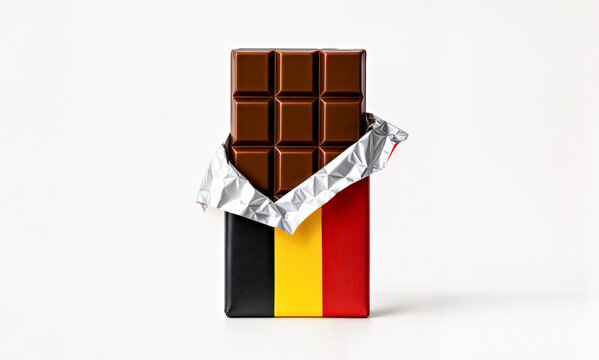 Half Unwrapped Chocolate Bar with Packaging In Black Yellow and Red Vertical Bands Standing on White Background 
