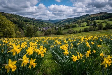 Panoramic view of a valley, filled with daffodils