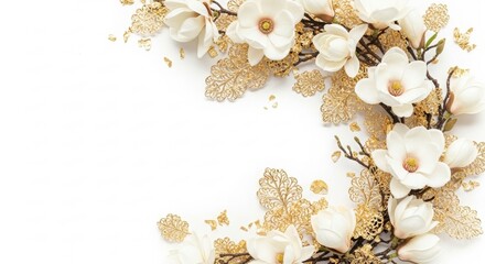 Elegant composition of magnolia flowers and gold decorative elements on white