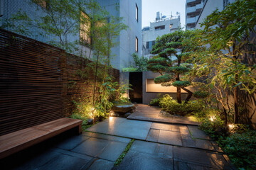 Fototapeta premium Small tranquil courtyard with minimalist garden and bonsai trees in tokyo