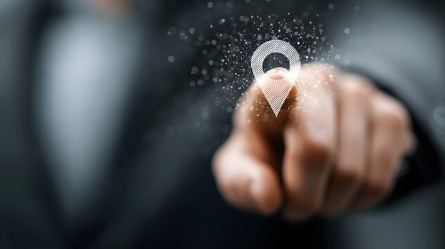 Person pointing with a location pin icon on their finger