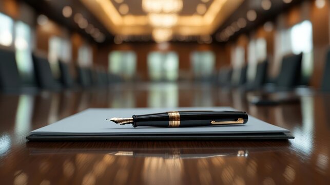 Close Up Of A Black And Gold Fountain Pen Resting On A Grey Notepad On A Wooden Conference Table In A Brightly Lit Boardroom
