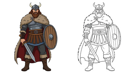 Beowulf Warrior Coloring Page with Colored and Outline Styles Epic Heroic Art