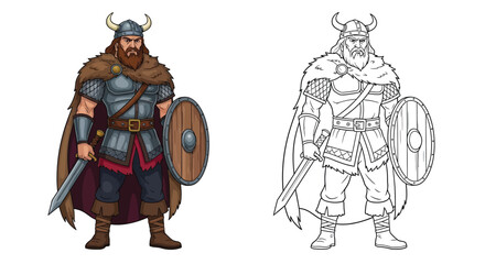 Naklejka premium Mighty Beowulf Warrior Coloring Page Featuring Full Color and Crisp Outline Illustrations