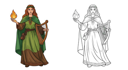 Ancient Brigid Celtic Goddess Coloring Page Full Color and Crisp Outline Figures