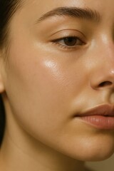 Close-up of a woman's clean, glowing skin with natural makeup and soft lighting. Perfect complexion and skincare beauty portrait for wellness or cosmetic campaigns.