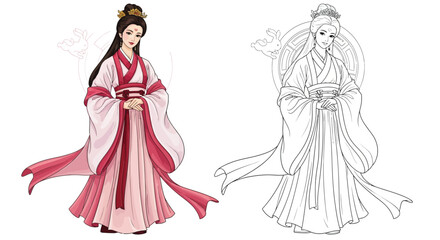 Fototapeta premium Chang E Chinese Moon Goddess Coloring Page with Colored and Outline Versions Mythology Art