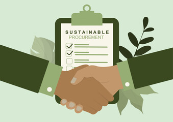 Sustainable procurement handshake agreement with checklist. Green business partnership ideal for corporate sustainability presentations and environmental compliance marketing. Vector illustration