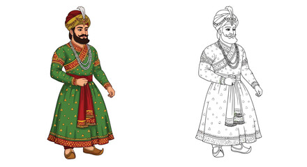 Fototapeta premium Emperor Akbar the Great Coloring Page with Colored and Outline Depictions History Art