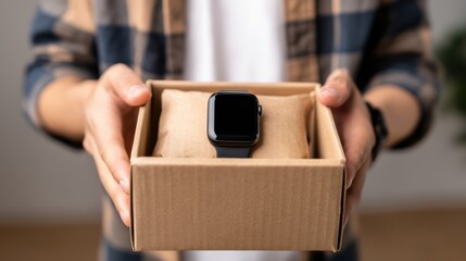 A person holding a stylish smartwatch in a box, showcasing modern tech in a cozy setting.