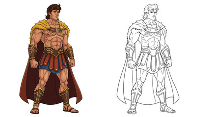 Mighty Heracles Hero Coloring Page Featuring Full Color and Crisp Outline Styles