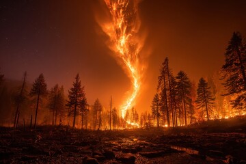 A fiery tornado burns through a forest at night with trees and a dark sky filled with stars above