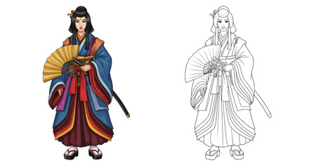 Fototapeta premium Brave Japanese Onna Bugeisha Coloring Page Full Color and Crisp Outline Illustrations