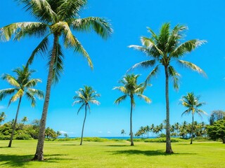 Fototapeta premium Tropical Palm Trees on Green Field Under Blue Sky