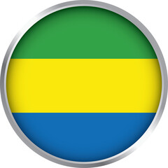 Glossy round icon of Gabon national flag with horizontal green, yellow, and blue stripes and silver border

