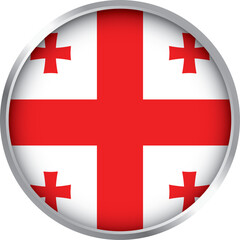 Glossy round icon of Georgia national flag with five red crosses on white background and silver border

