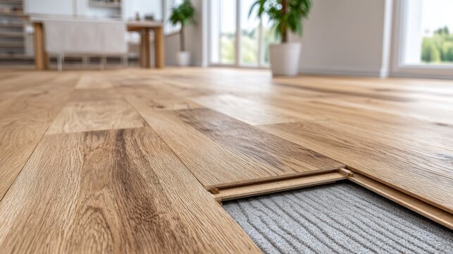 Close-up of partially installed light brown wood floor planks, revealing the underlying adhesive layer and subfloor, in a brightly lit interior space.