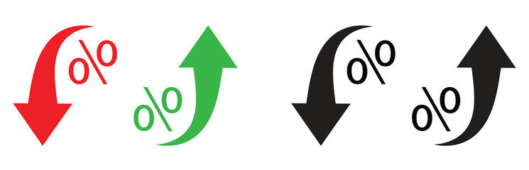 Percent arrow icon. Growth, increase, decrease arrow filled icons. Up arrows, down arrows. Vector illustrator design