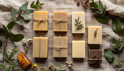 Soft flat lay of natural soaps with beautiful flowers on muted canvas background