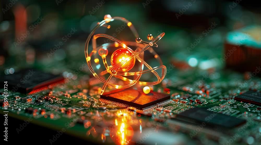 Poster Luminous Atom Model on Circuit Board
