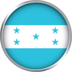 Glossy round icon of Honduras flag with blue and white horizontal stripes and five stars in silver border design

