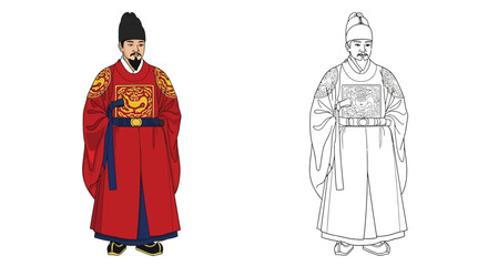 Obraz premium King Sejong the Great Coloring Page Wise Korean King in Colored and Outline Figures