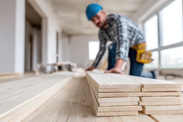 Fototapeta premium Close-up of wooden planks, blurred worker installing new flooring in a house.