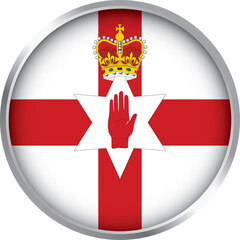 Glossy round icon of Northern Ireland flag with red cross, crown, star, and red hand emblem in silver border

