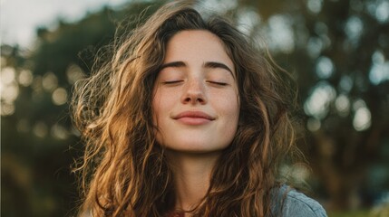 A young woman smiles with eyes closed, radiating joy in a serene outdoor setting surrounded by nature.