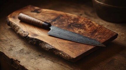 Artisan kitchen knife resting on a rustic wooden cutting board, perfect for culinary enthusiasts and food photography.