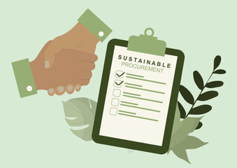 Sustainable procurement checklist with business handshake. Green supply chain management perfect for corporate ESG presentations and environmental compliance training materials. Vector illustration